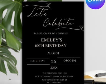 Elegant Black & White Birthday Invitation - Editable Digital Template Download