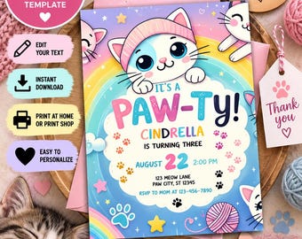 Cat Birthday Invitation: Kitten Paw-ty, Editable Template (Digital Download)