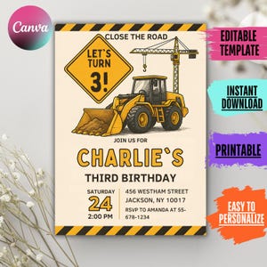Construction Birthday Invitation: Truck Party, 3 & Digging It (Digital Download, 5x7in Template)
