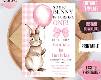 Some Bunny is One: bewerkbare uitnodiging roze konijn met strik | Digitale download eerste verjaardag BUN12