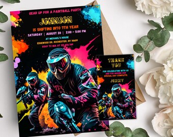 May include: A black and neon green invitation for a paintball party. The invitation features a photo of people playing paintball. The text on the invitation reads "Gear up for a paintball party. Johnson is shifting into 7th year. Saturday August 20 | 2:00 - 5:00 PM. At Michael's House. Edgewood Dr. Rochester, NY 14609. RSVP to Mia at 123.456.789".