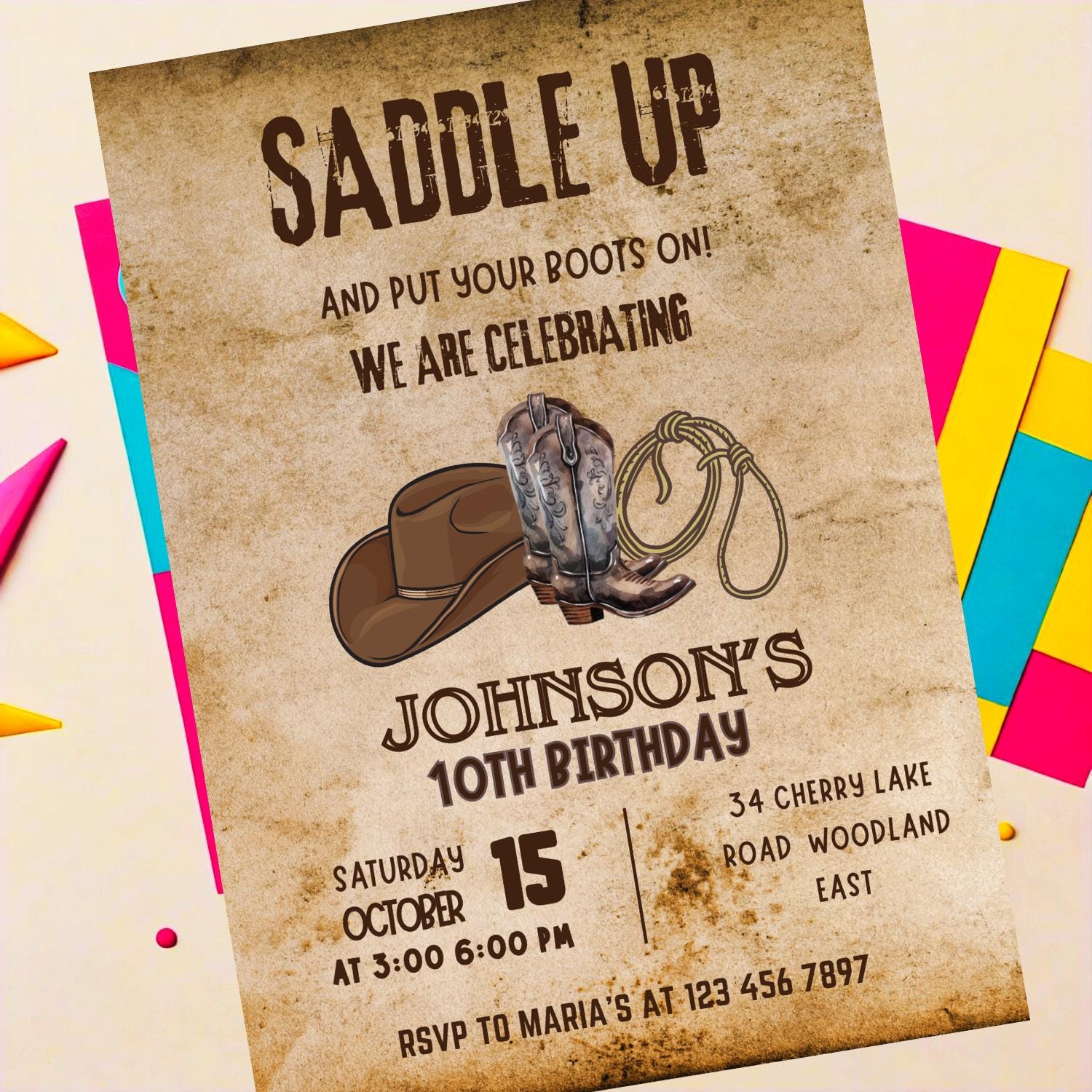 Western Cowboy Birthday Invitation: Editable Canva Template (digital  Download) - Etsy, image size:1500x1500