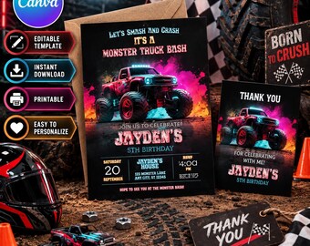 Editable Monster Truck Birthday Invitation: Custom Name Logo (Digital Download)