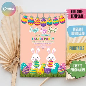🌸 Host the perfect Egg Hunt Party! 🐇 Our Easter Egg Hunt Invitation comes in soft pastels with beautiful watercolor eggs. Editable, printable, and ready for instant download – spring vibes included!