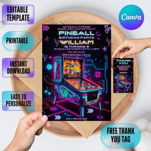 Convite de pinball editável, convite para jogo de pinball | Convite de aniversário em pixel art, convite de console clássico neon, convite de festa de fliperama editável!
