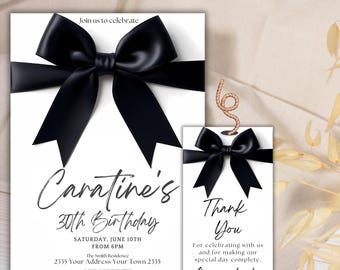 Black Bow Birthday Invitation Template | Minimalist Elegant 30th Birthday Invite | Coquette Ribbon Party Stationery |