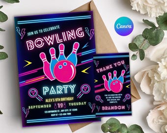 Neon Bowling Birthday Invitation Template, Editable Party Invite (Digital Download)