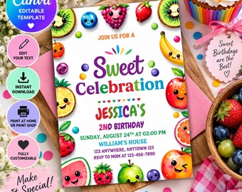 May include: A rectangular birthday invitation template featuring colourful cartoon fruit characters with faces, including a raspberry, strawberry, kiwi, banana, apple, and watermelon. The text reads Sweet Celebration, Jessica's 2nd Birthday, Sunday, August 24th at 02:00 PM, William's House, 123 Anywhere, Anytown 123, RSVP to Mom at 123-456-7890.