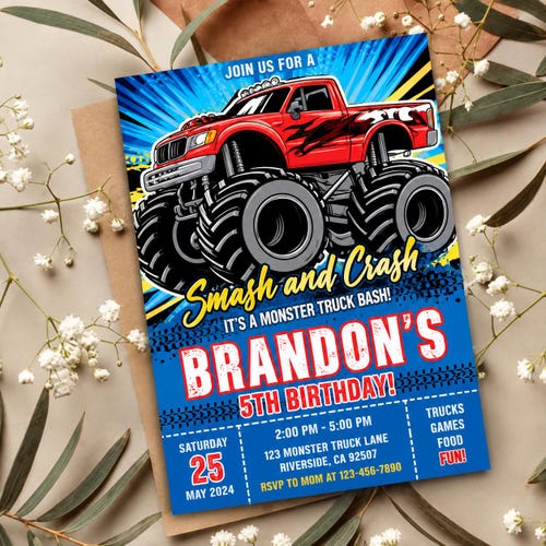 Invitación de cumpleaños editable de Monster Truck / Descarga digital para fiesta de Monster Jam