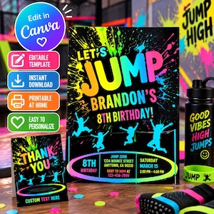 Puede incluir: Un conjunto de invitación de cumpleaños y tarjeta de agradecimiento en colores neón sobre fondo negro con salpicaduras de pintura, siluetas de niños saltando y el texto Let's Jump Brandon's 8th Birthday y Thank You.