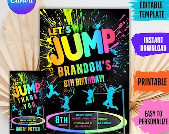 Puede incluir: Una invitación colorida para una fiesta de cumpleaños con el texto "Let's Jump" y un fondo negro con salpicaduras de pintura de neón. La invitación es para el octavo cumpleaños de Brandon e incluye la fecha, la hora y la ubicación de la fiesta.