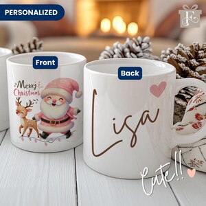 PERSONALIZED Pink Christmas Mug - Merry Christmas Gift, Custom Family Name Mug, Matching Family Mug, Christmas Gift, Pink Santa Reindeer