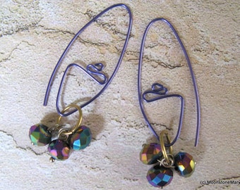 Purple Peacock Dangle Earrings, unique handmade jewelry, gift for her mom girlfriend wife, boho style jewelry, crystal earrings