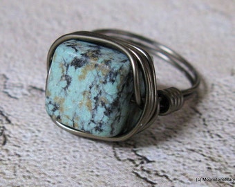 African Turquoise Ring, Custom Turquoise Ring, Handmade jewelry, Cubist Boho style jewelry, bridesmaid gift, gift for her, southwest style