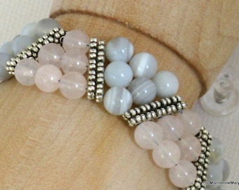 Gem Stone Bracelet / Blue Lace Agate / Rose Quartz / Sweet 16 / Lock n Key Clasp / Sophisticated Style