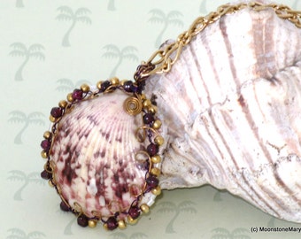 Shell Jewelry, Garnet Gold Necklace, Mothers Day Gift, Beach Necklace, Gold Chain Jewelry, Gift for wife, handmade gift, January birthstone