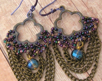 Chain Crystal Dangle Earrings, gift for woman, Boho Gypsy Chandelier Earrings, Something Blue, Handmade Jewelry, OOAK