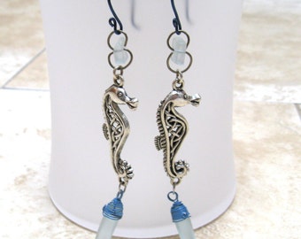Beachglass Dangle Earrings, Seahorse Jewelry, Shoulder Dusters, gift for wife, gift for girlfriend, handmade jewelry gift