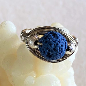 Aromatherapy Blue Ring, Oil Diffuser Jewelry, Lava Stone Rings, Magma Oil Diffuser Rings, Gift for Girlfriend, Organic Jewelry image 4