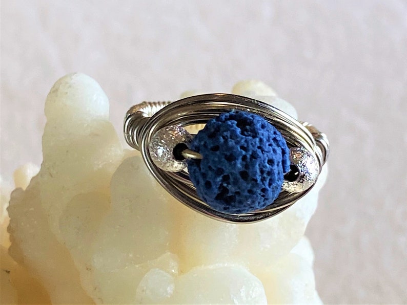 Aromatherapy Blue Ring, Oil Diffuser Jewelry, Lava Stone Rings, Magma Oil Diffuser Rings, Gift for Girlfriend, Organic Jewelry image 4