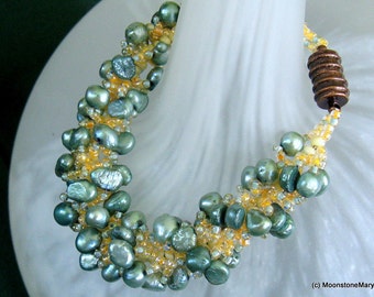 Beadwoven Pearl Bracelet Bridal Aqua Pearls copper magnetic clasp freshwater pearls boho gypsy