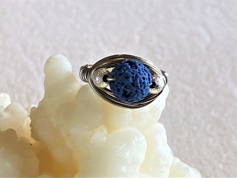 Aromatherapy Blue Ring, Oil Diffuser Jewelry, Lava Stone Rings, Magma Oil Diffuser Rings, Gift for Girlfriend, Organic Jewelry image 2