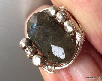 Labradorite Ring Blue Flash Silver Statement Boho Gypsy Style Gift for Woman