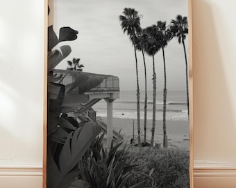 California Palm Tree Black & White Print - San Clemente - Vintage Surfing Poster - Beach House Decor - Surf Shack Home
