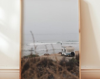 California Coast Photography - Winter in California Coastal Print, Vintage Camper, Surf