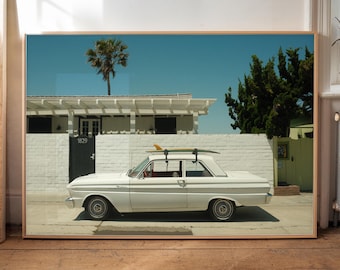 Vintage Car Photography - Retro California Coastal Print, Vintage Style, Surfing, Beach House Decor, Vintage Surf Print, Surf Shack