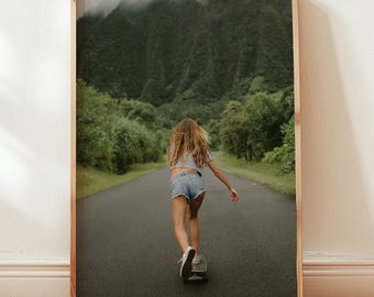 Skater Girl Hawaii Print - Hawaii Nature Photography - 70's Skate Style - Surfer Girl