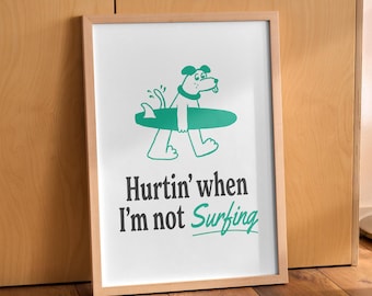 Dog with Surfboard Poster- Surfing illustration - Beach House Decor - Coastal California Poster - Vintage 90's surf print.