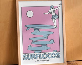 Vintage Surf Poster - Hang ten - Beach House Decor - Coastal California Poster - Longboard surfing print