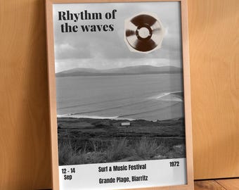 Rhythm of Waves - Vintage Surf and Music Festival Poster - Beach House Decor - Coastal California Print - Vintage 70's surf print.