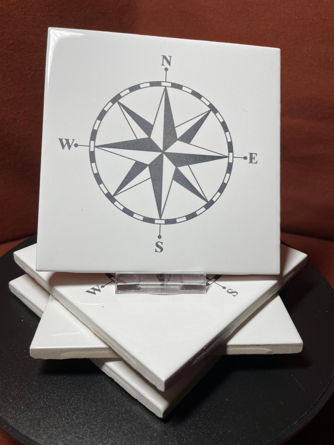 Set of 4 compass Rose Image in Black & White on Laser Engraved Ceramic ...