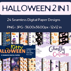 Niedliches Halloween Digital Papier Bundle Geist und Katze Set für Handwerk, Scrapbooking, Dekor & POD; Sofortiger digitaler PNG- und JPG-Download