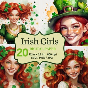 Papier numérique pour scrapbooking de la Saint-Patrick avec de beaux motifs de fille irlandaise, des pages de trèfle et de trèfle pour le collage de journaux indésirables