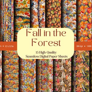 Fall Forest Watercolor Digital Paper, Seamless Autumn Leaves, Birds (Digital Download)