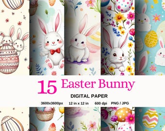 Färgglad påskhare digitalt papper, påskäggsmönster, blommig vårbakgrund, utskrivbar scrapbookdesign, söt kaninmönster