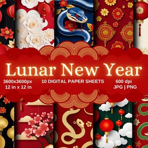 Lunar New Year Digital Paper; Year of the Snake Pattern, Lanterns, Flowers and Traditional Chinese Designs for Crafts, Scrapbooking, POD;