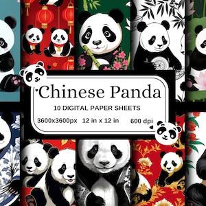 Set di carta da disegno digitale a forma di panda cinese; simpatici orsetti panda per il capodanno lunare, scrapbooking, biglietti, POD; download immediato