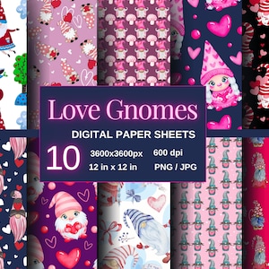 Love Gnomes Digital Paper Designs for Valentines Day Cards, Decoration, Arts & Crafts, Scrapbooking, POD Instant Digital Download