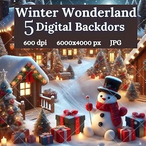 Ensemble de toiles de fond numériques Winter Wonderland - Arrière-plans du village du Père Noël pour cartes de Noël, photos de famille et d'enfants et séances photos professionnelles