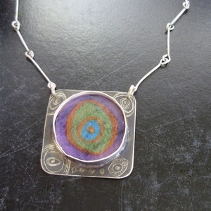 Excentric Circles, Swirl Necklace, Handpainted Silver Pendant, Colorful, Whimsical Necklace