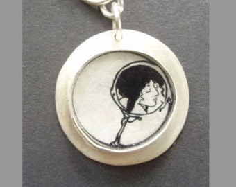 Art Nouveau Pendant, Hand Drawn, Art Jewelry, Shrink Film Necklace, One of A Kind Pendant