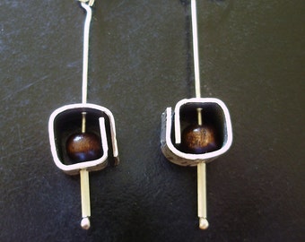 Wooden Bead in a Square box , Geometric Earrings, Modern, Contemporary, Art Jewelry, Cubist Earrings