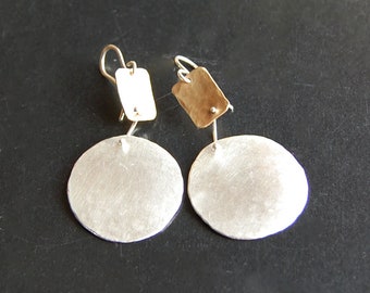 Silver Disks with Bronze Earrings, Big Circles, Bold, Mixed Metal Earrings, Modern Jewelry