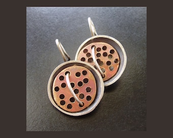 Silver and Copper Domes, Bold, Modern Earrings, Pierced Metal, Edgy, Contemporary Jewelry
