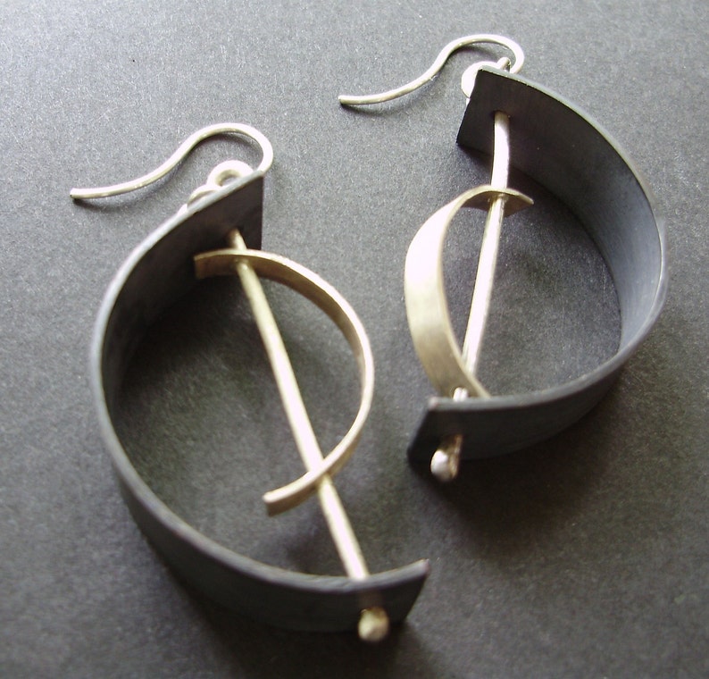 Black Crescent Earrings, mixed metal earrings, modern earrings, artisan earrings, moon jewelry, statement jewelry, celestial jewelry image 3