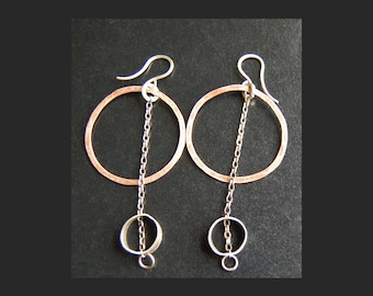 Copper and Silver Hoop Dangle Earrings, Mixed Metal Hoop Earrings, Funky, Artisan Jewelry, Handmade Earrings